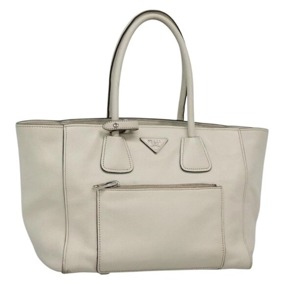 PRADA Tote Bag Leather White Silver Auth ep9305 - Picture 1 of 16